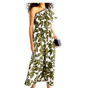 J. Crew Smocked cotton poplin one-shoulder dress in leafy